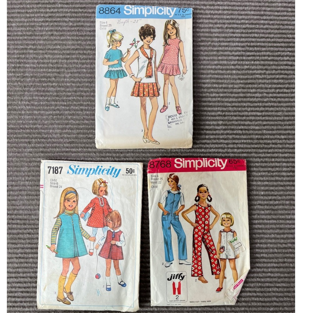 Vintage Simplicity Sewing Pattern Lot 8864 7187 8768 Child Size 6 Dress Jumpsuit
